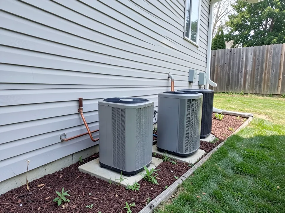 AI-generated example: the side of a light gray vinyl-sided house with three outdoor air conditioner units in a row on concrete pads, copper lines and gray electrical boxes on the wall, red mulch with weeds around them, a wooden fence and a lawn