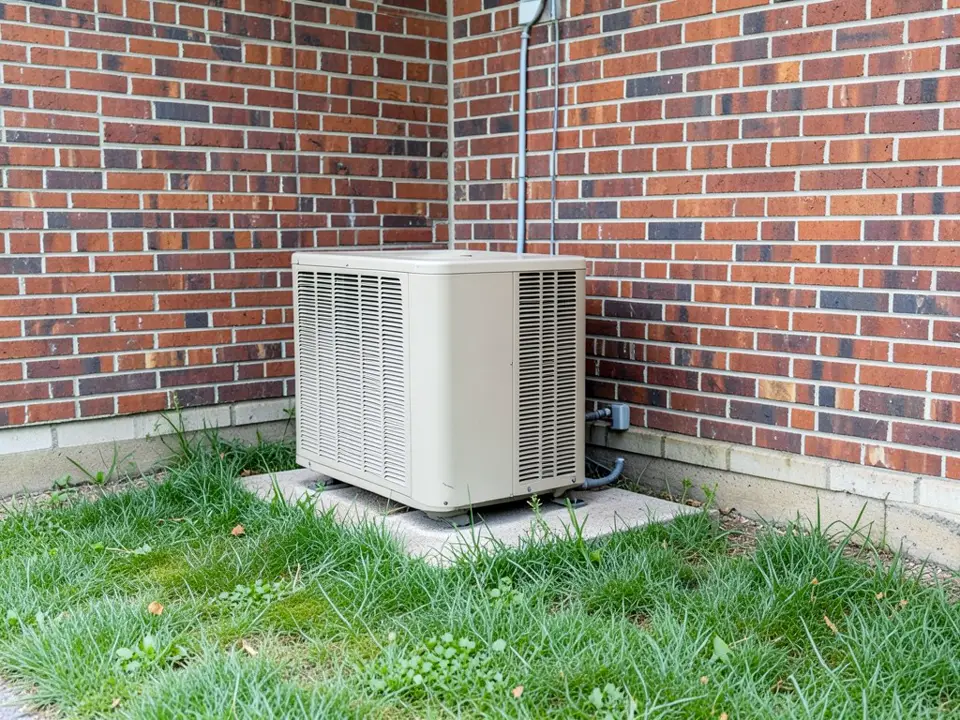 AI-generated example: a beige outdoor air conditioner unit on a concrete pad in the inside corner of two red brick walls, with gray conduit on the wall and scruffy grass growing up to the pad