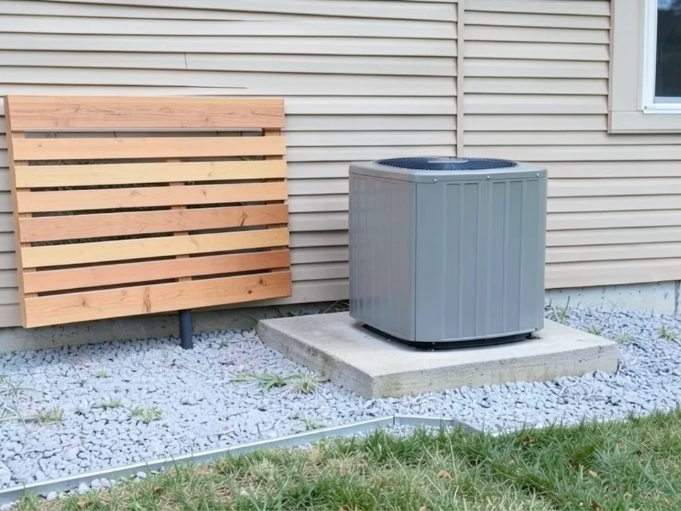AI-edited version of the same image: the same unit and pad in a bed of light gray gravel with a metal edge along the lawn, and a horizontal-slat cedar panel on a dark post standing in front of the wall to the left of the unit