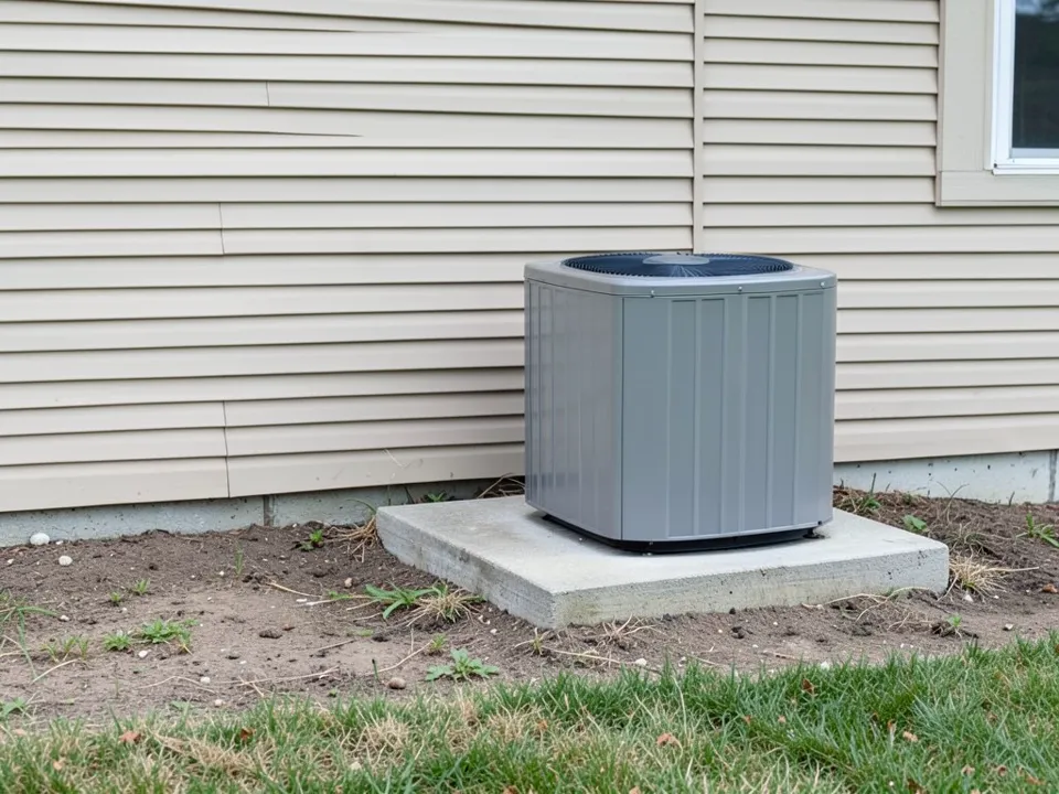 AI-generated example: a gray outdoor air conditioner unit on a concrete pad against beige vinyl siding, with a window at the upper right, bare dirt with weeds and pebbles around the pad and a lawn in front