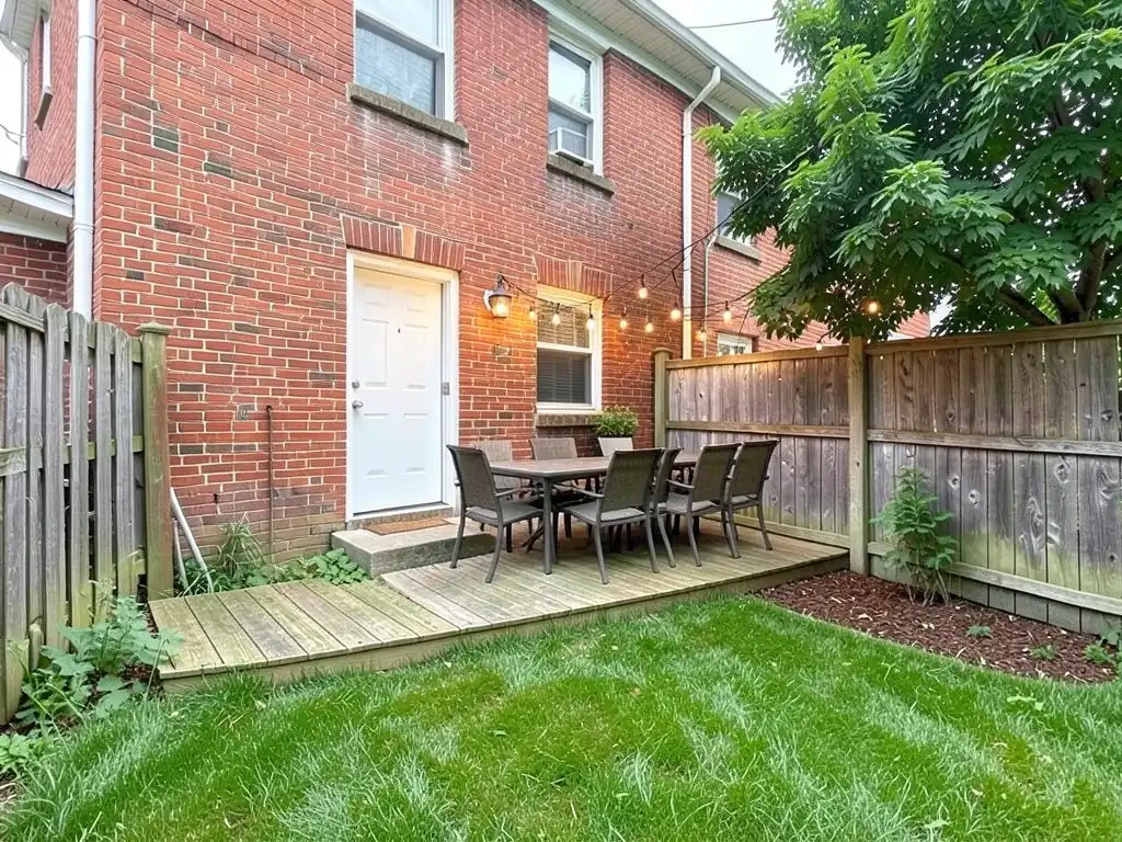 AI-edited version of the same image: a low wooden deck at the back door with an outdoor dining table and six chairs, string lights from the house wall toward the tree, fresh green lawn and a mulch bed along the right fence