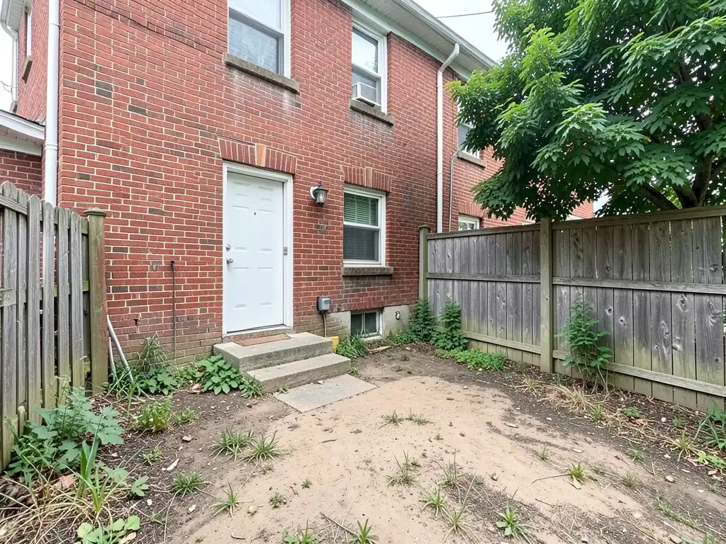 AI-generated example: the back of a two-story red brick house with a white door, three concrete steps, a wall lamp and a small basement window, a yard of bare dirt and weeds, weathered wooden fences and a large tree on the right