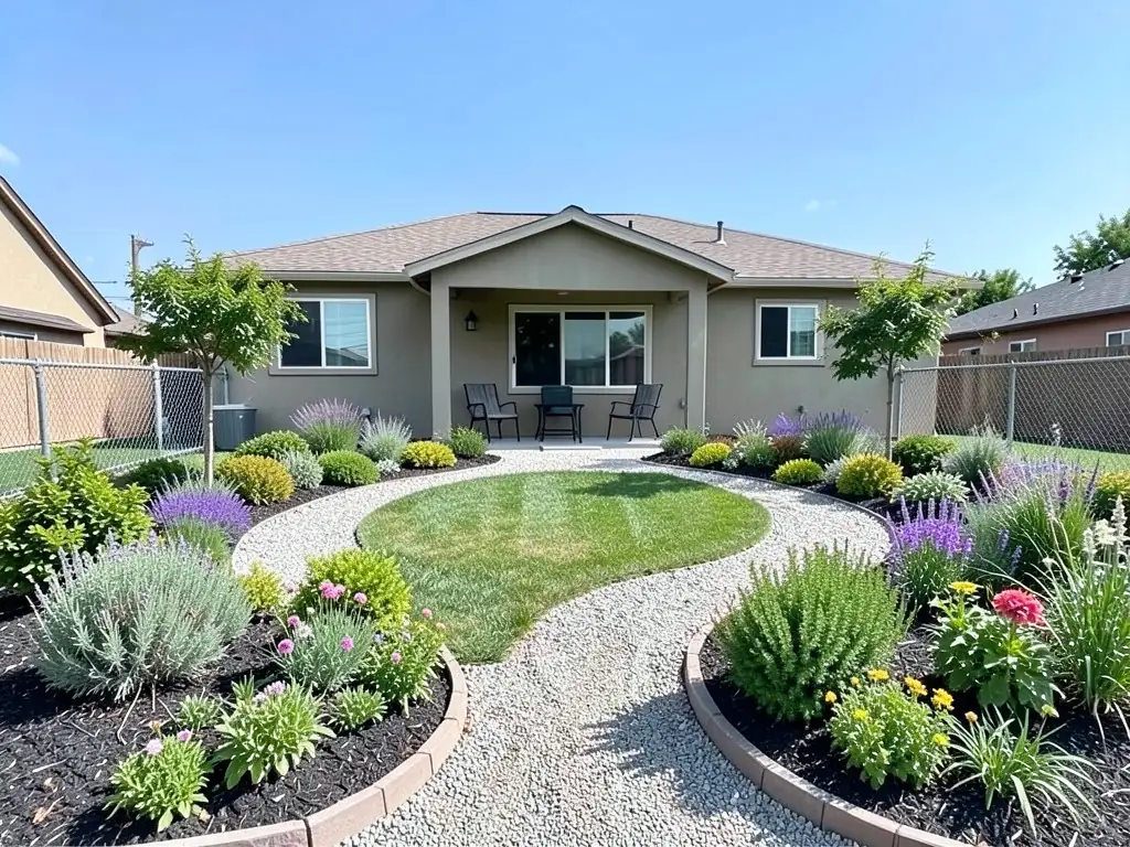 AI-edited version of the same image: curved planting beds of shrubs, lavender and pink and yellow flowers on both sides, two small trees near the fence corners, a winding gravel path from the porch to the front of the picture and a smaller curved lawn in the middle