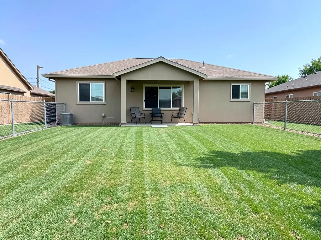 AI-generated example: a one-story beige stucco house with a covered back porch and three chairs, an air conditioning unit, chain link fences on both sides and a large flat striped lawn