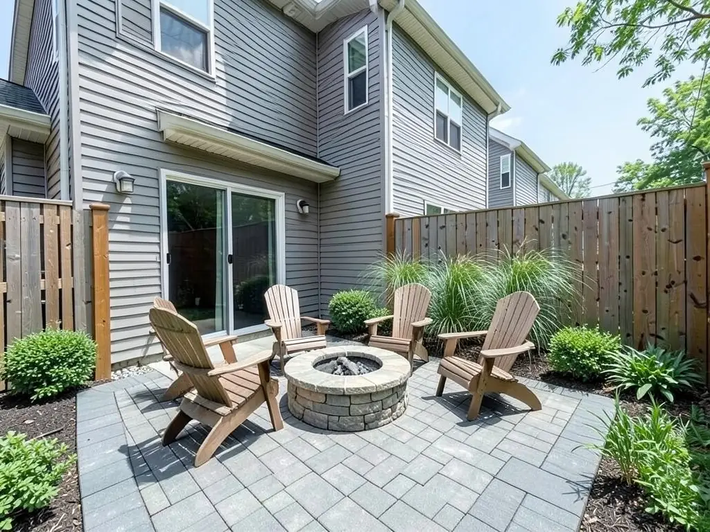 AI-edited version of the same image: the slab and lawn replaced by a grey paver patio with a round stone fire pit and four wooden Adirondack chairs, with beds of shrubs and ornamental grasses along the fences