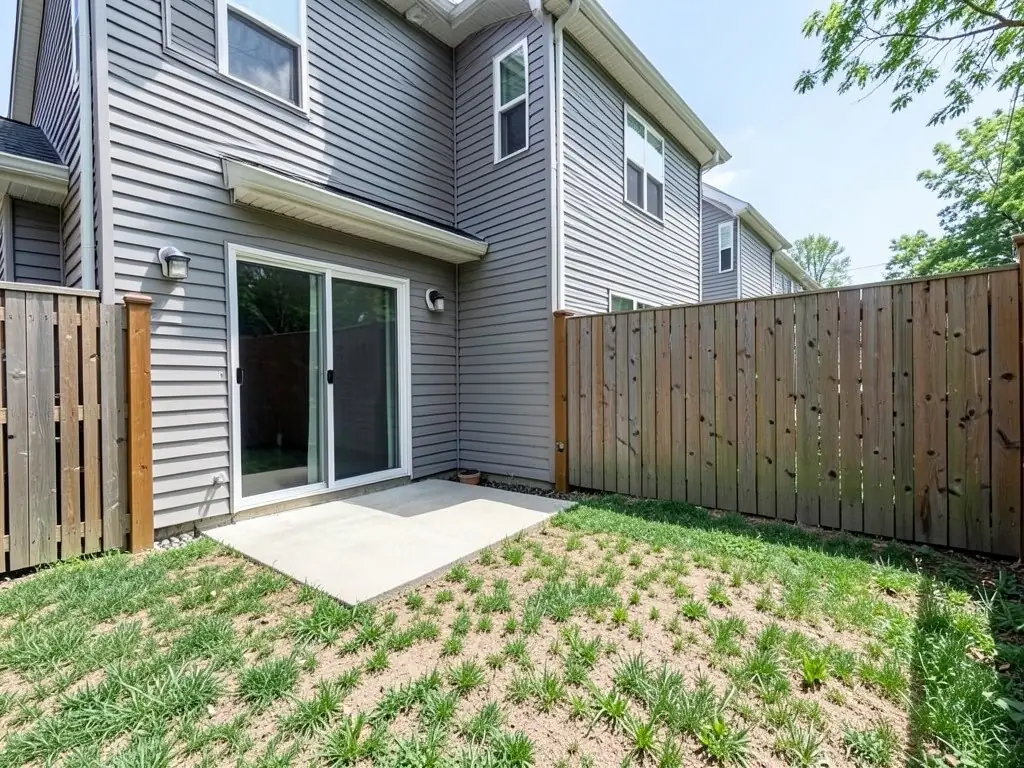 AI-generated example: the back of a two-story house with grey vinyl siding, a sliding glass door between two wall lamps, a small concrete slab, a patchy lawn and tall wooden privacy fences on both sides