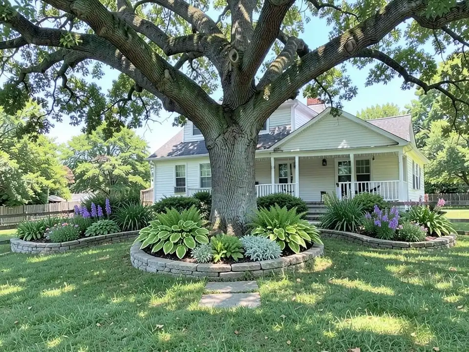 AI-edited version of the same image: a curved stone-edged bed of hostas and ferns around the base of the oak, two more stone-edged beds to the sides with purple flower spikes and small pink flowers, two stepping stones in front, and no split rail fence