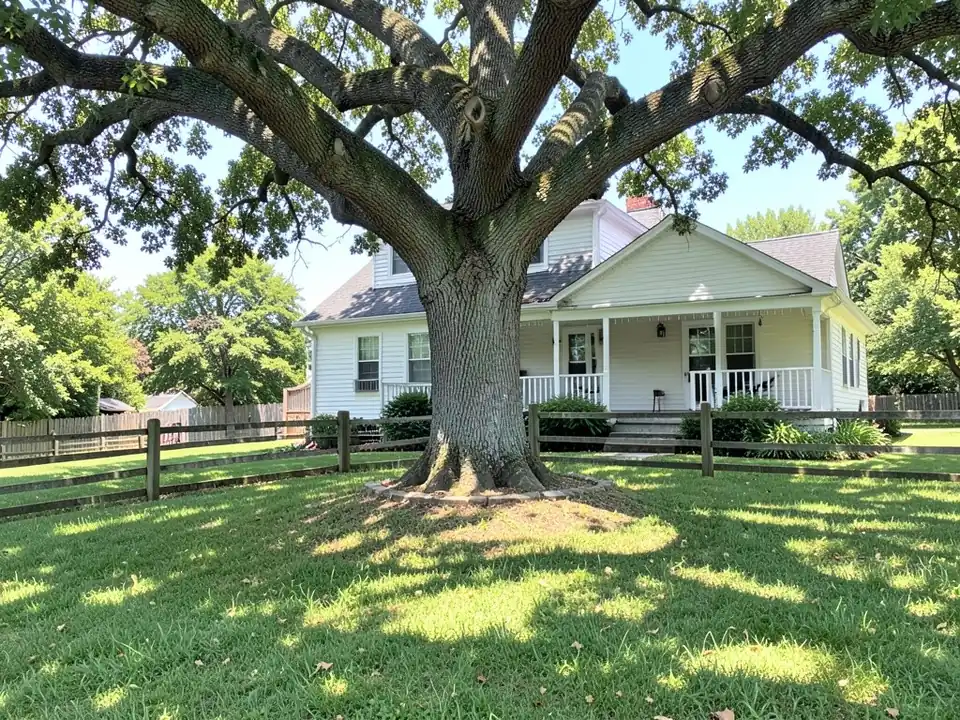 AI-generated example: a large old oak tree with a low stone ring at its base in the middle of a lawn, in front of a white farmhouse with a long porch, and a split rail fence running across the yard