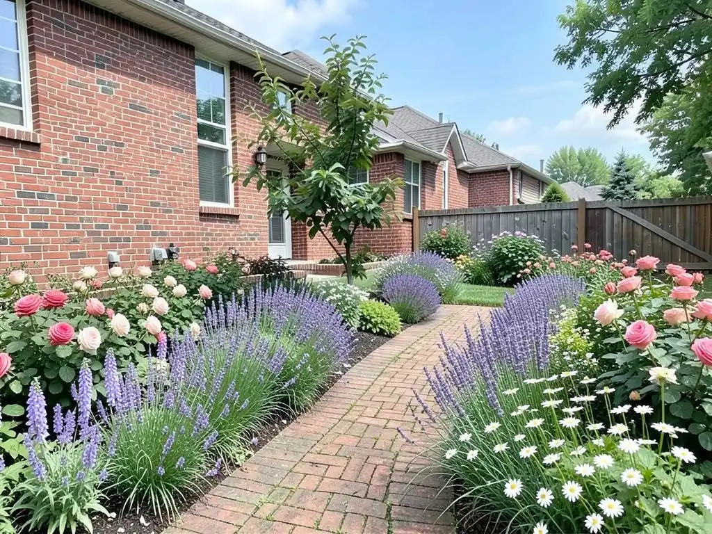 AI-edited version of the same image: wide flower borders of pink and white roses, purple lavender and white daisies on both sides of a narrow red brick path, with the small tree kept beside the path