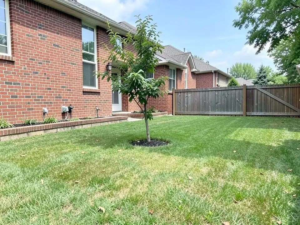 AI-generated example: a plain mown lawn with one small young tree in a ring of mulch, behind a red brick house with a narrow brick-edged bed along the wall, and a wooden fence at the back