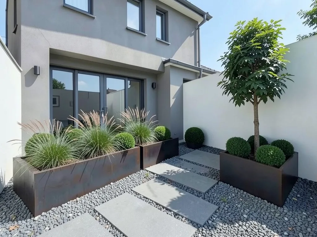 AI-edited version of the same image: three dark steel planters with ornamental grasses and boxwood balls, a path of large grey concrete slabs set in grey gravel, and a tree with a single trunk in the planter on the right