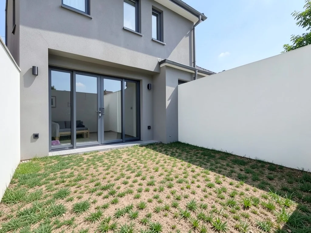 AI-generated example: a square yard of bare soil with tufts of grass behind a modern grey two-story house with large glass doors and wall lights, enclosed by tall smooth white walls