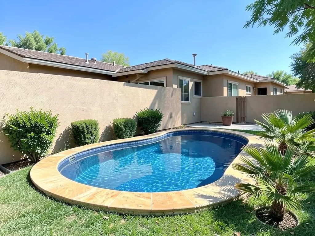 AI-edited version of the same image: a curved kidney-shaped pool with blue water and wide tan stone coping on the lawn, with two fan palms at the right end, one of them in a ring of mulch