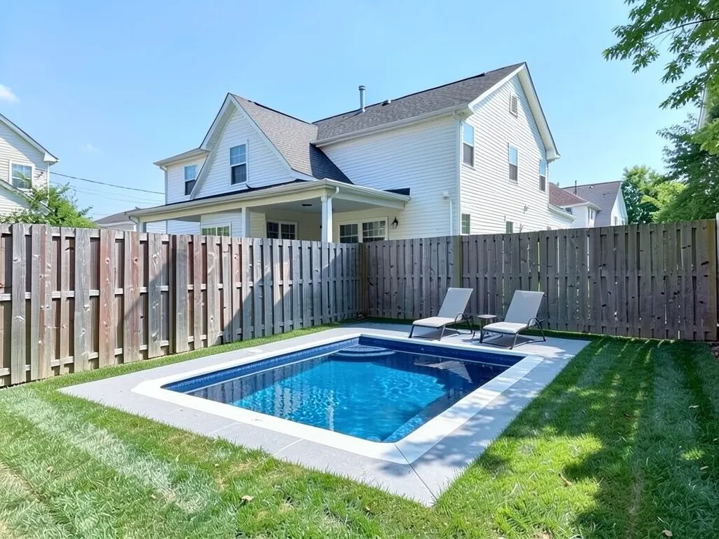 AI-edited version of the same image: a rectangular in-ground pool with blue water and white coping, a light grey concrete deck around it and two lounge chairs with a small table on the deck by the back fence