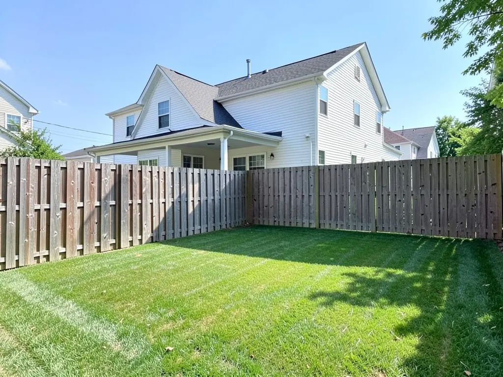 AI-generated example: a flat mown lawn behind a two-story white house with a covered back porch, a tall weathered wooden privacy fence around the yard and a tree at the right edge