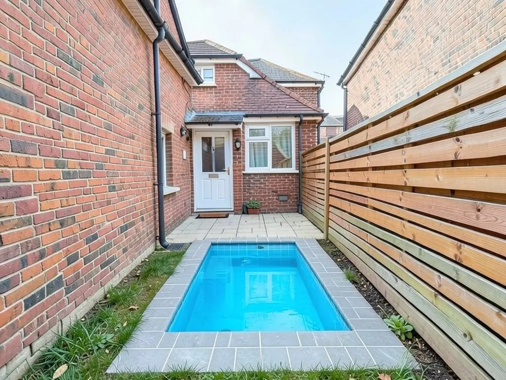 AI-edited version of the same image: a rectangular plunge pool filled with bright blue water, with light blue tile inside and grey pavers around it, set into the narrow lawn in front of the small paved area