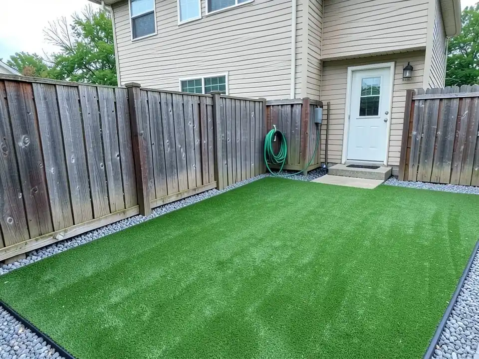 AI-edited version of the same image: the mud and grass replaced by green artificial turf, with a border of gray gravel along the fences and black edging between turf and gravel