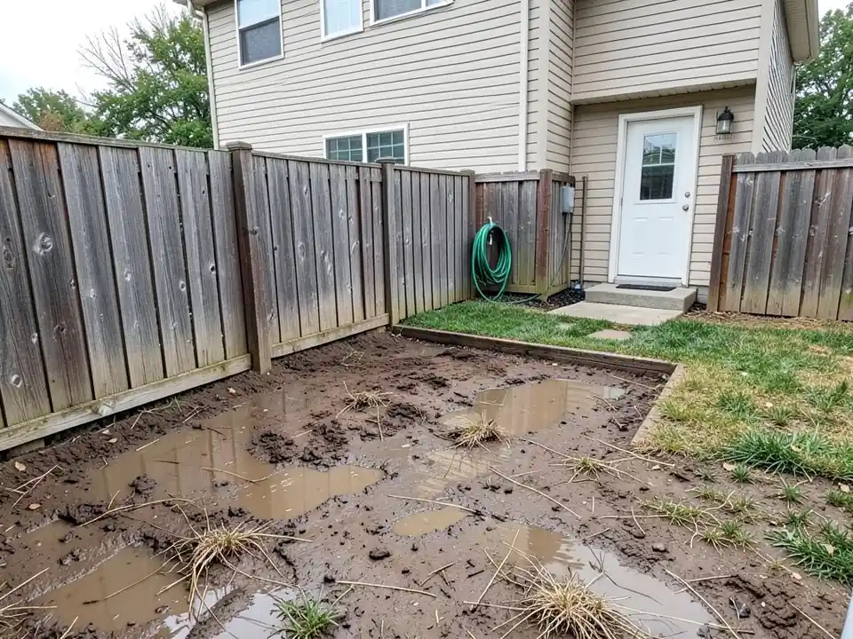 AI-generated example: fenced backyard behind a beige two-story house, with a muddy dog-run area full of puddles and a strip of worn grass by the back door