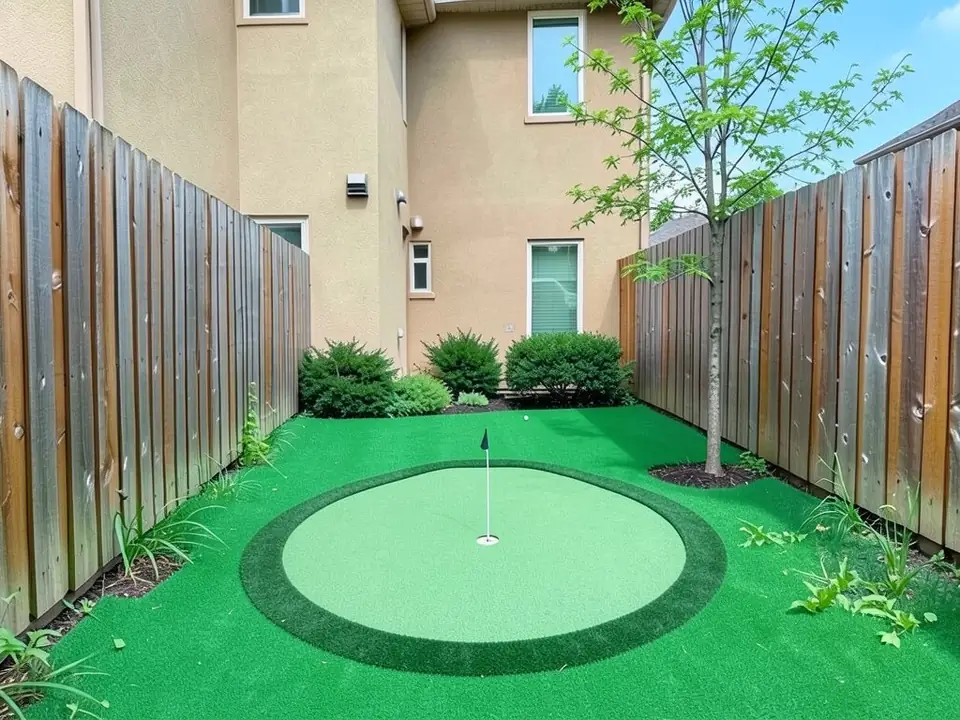 AI-edited version of the same image: the grass replaced with green artificial turf and a round putting green with a darker collar, one hole and a small flag