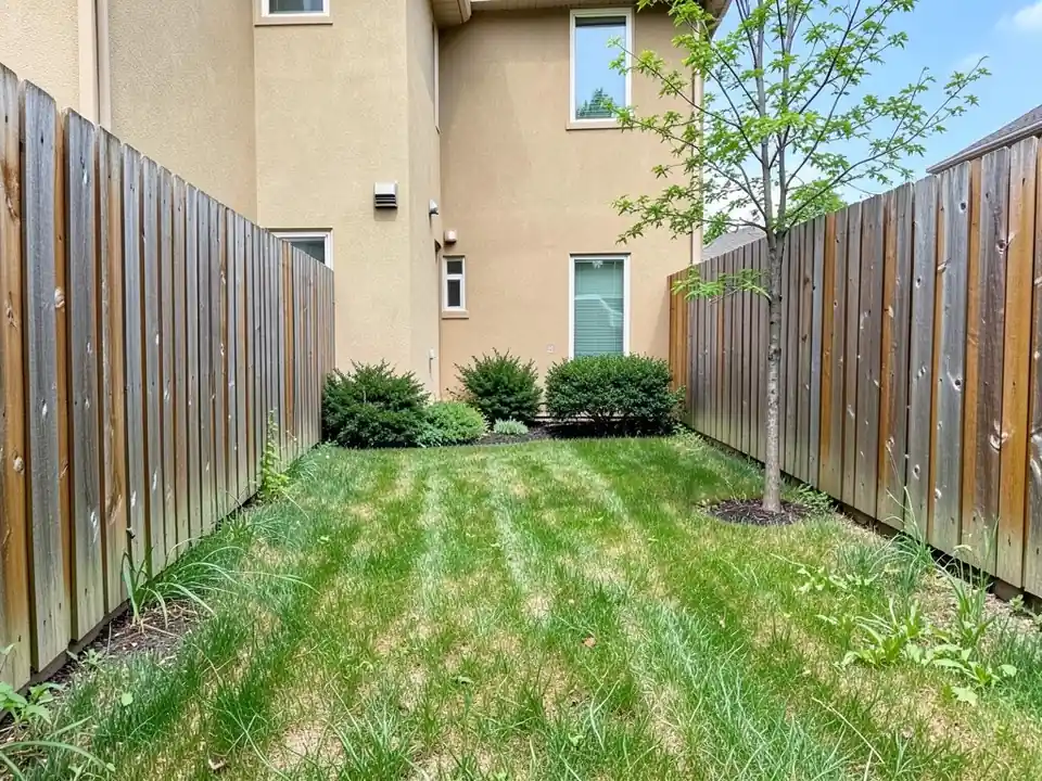 AI-generated example: small fenced yard beside a tan stucco house with uneven, weedy grass, three shrubs and a young tree