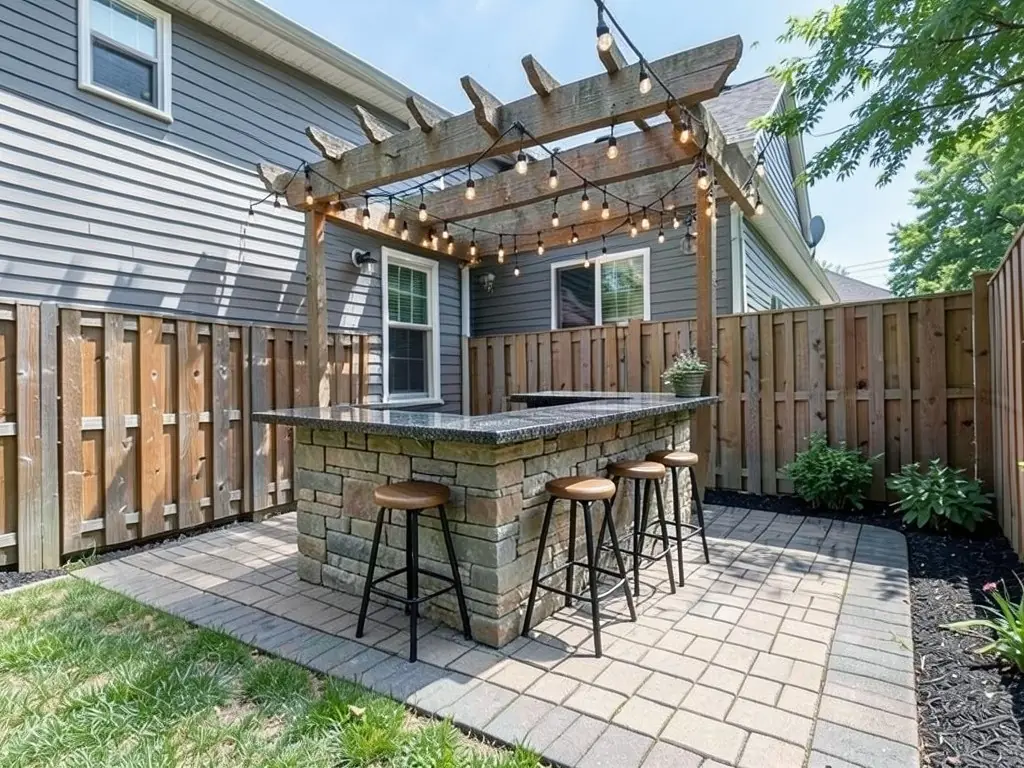AI-edited version of the same image: an L-shaped bar counter of stacked stone with a dark speckled granite top and four bar stools with round wooden seats on the patio, under a wooden pergola strung with string lights
