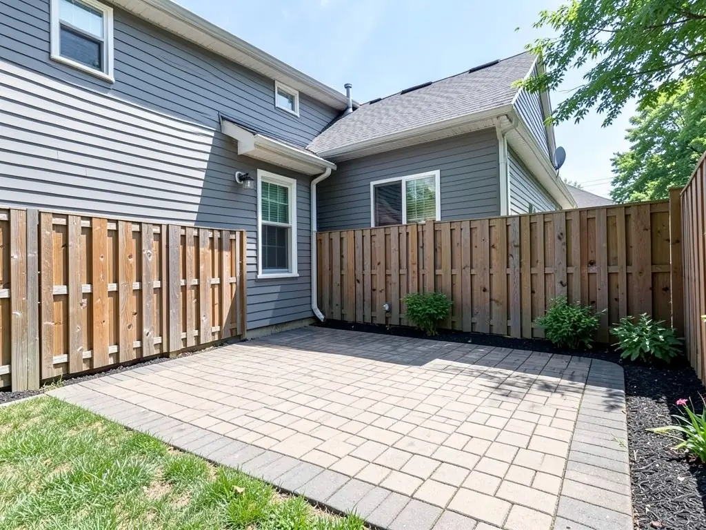 AI-generated example: an empty grey paver patio behind a grey sided house, with a tall wooden fence, a dark mulch bed with a few shrubs and a strip of lawn in front