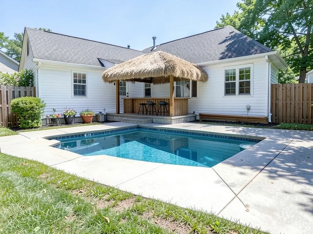 AI-edited version of the same image: a small bar with a thatched straw roof on wooden posts, a wooden counter and three black bar stools on the porch slab at the far end of the pool deck, and a wooden bench along the house