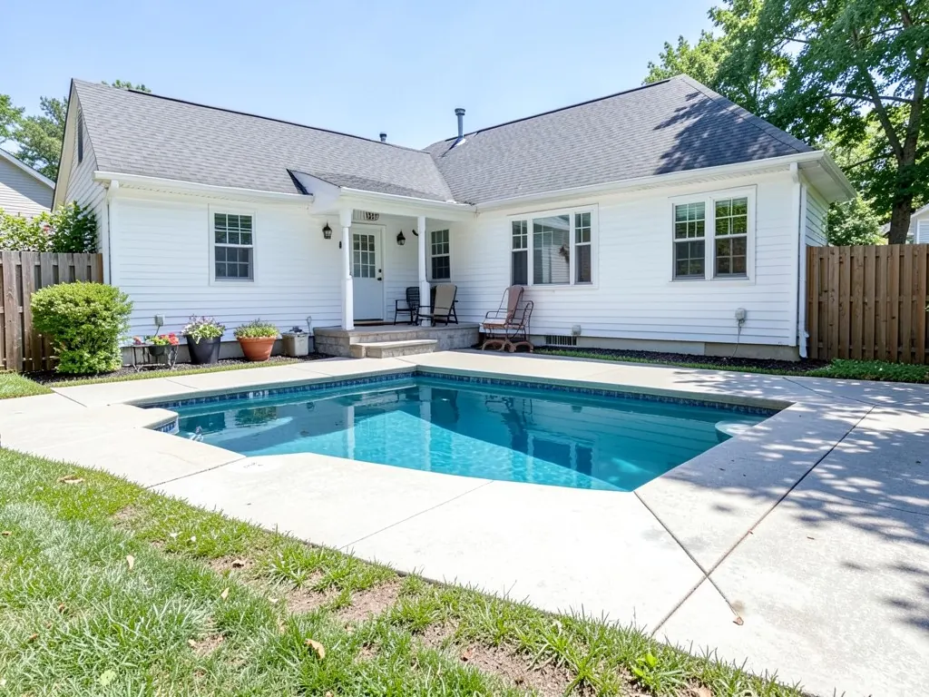 AI-generated example: a rectangular in-ground pool with a light concrete deck behind a white sided house, a small covered porch at the back door with two chairs, a rocking chair on the deck and potted plants along the house