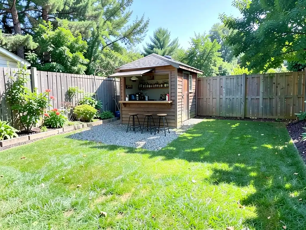 AI-edited version of the same image: the same wooden shed with a wide serving window and a counter in its front wall, shelves of bottles inside and three bar stools on a small gravel area in front