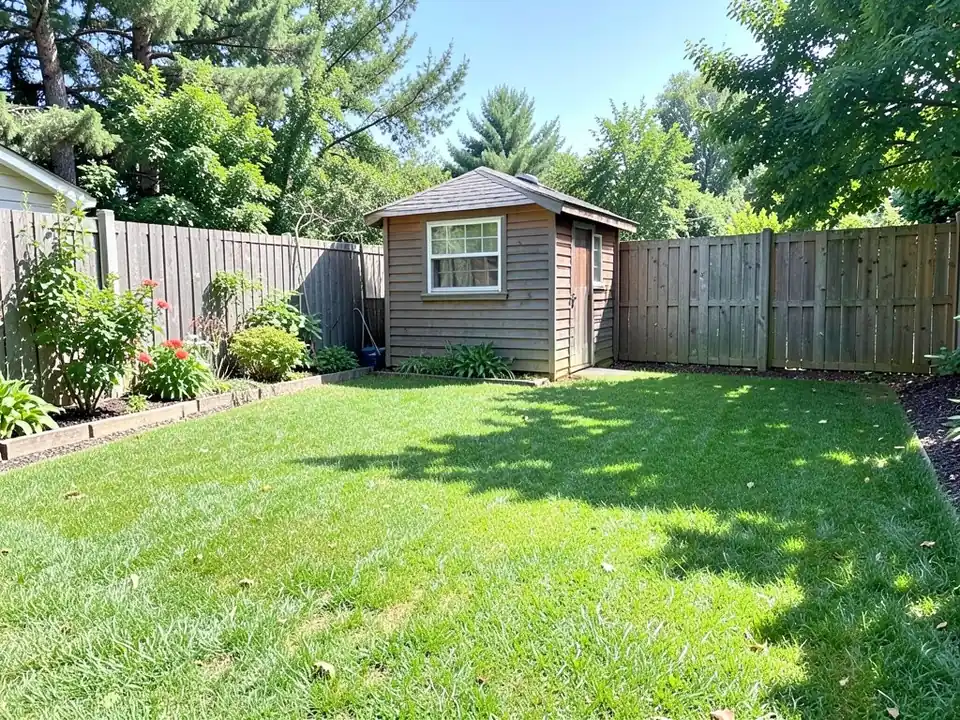 AI-generated example: a green lawn with a small wooden garden shed with a window and a door at the back by a wooden fence, flower beds on the left and tall trees behind