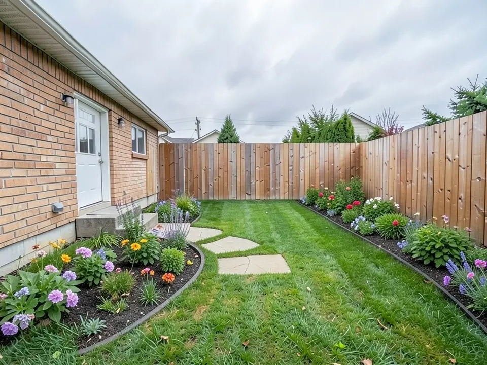 AI-edited version of the same image: a curved bed of colorful flowers with a dark border next to the house and back step, a second bed of flowers along the fence on the right, and three flat stepping stones curving across the grass near the house
