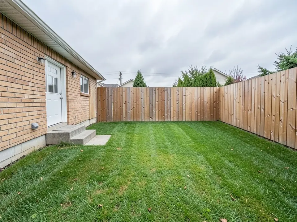 AI-generated example: the back of a light brick house with a white door, two wall lights and a grey box on the wall, a small concrete step, a flat mown lawn and a tall wooden fence on two sides, evergreen trees behind it, under an overcast sky