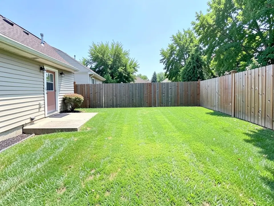 AI-generated example: the back of a beige-sided house with a pink-brown back door, a concrete step and a shrub with reddish leaves, a large mown lawn, a tall wooden fence, tall green trees behind it and a blue sky, with a shadow across the lower right of the lawn