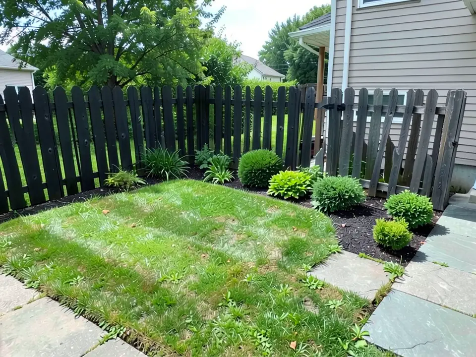 AI-edited version of the same image: the same picket fence and gate with the same leaning boards, the back run now dark charcoal or black like painted wood while the gate and the pickets by the house stay grey, with the shrubs, lawn, path and house unchanged