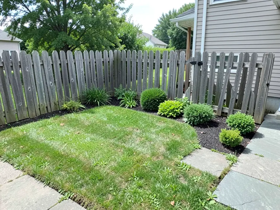 AI-generated example: a low, weathered grey wooden picket fence with a gate, some boards leaning, beside a garden bed of dark mulch and green shrubs, a lawn, a stone path and the corner of a beige house