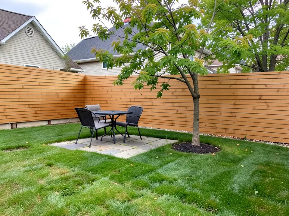 AI-edited version of the same image: the same yard with the grey vertical-board fence replaced by a warm orange-brown fence of horizontal slats, with the lawn, stone patio, table and chairs and the tree in the same places