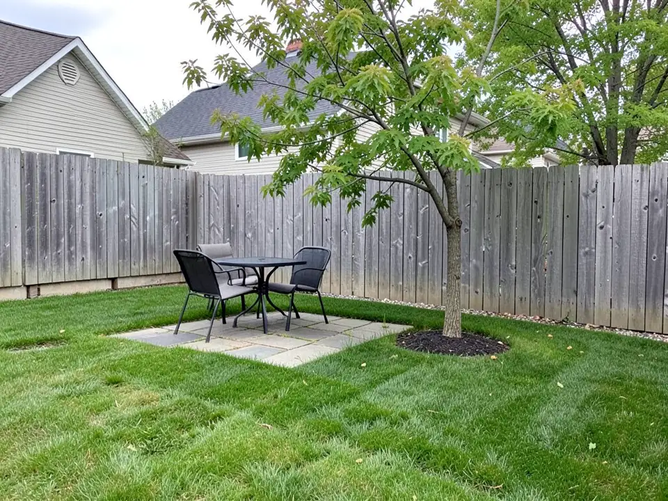 AI-generated example: a weathered grey wooden fence of vertical boards along the back of a backyard, a mown lawn, a small stone patio with a black metal table and two chairs, and a young tree with a mulch ring