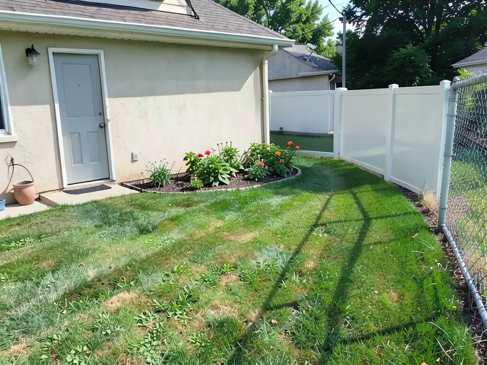 AI-edited version of the same image: the same house, flower bed and lawn with white vinyl fence panels in place of the chain-link along the far back of the yard, while the chain-link post and mesh at the right foreground are still there