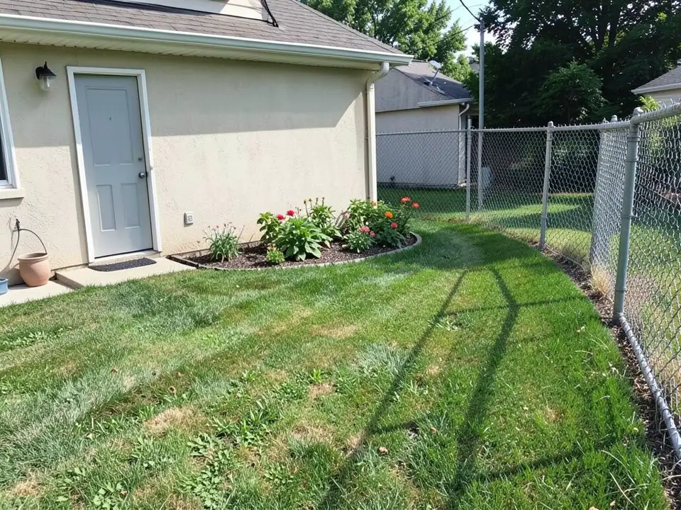 AI-generated example: the corner of a cream stucco house with a grey door, a small flower bed with red and orange flowers, a mown lawn, and a chain-link fence running along the back and the right side of the yard