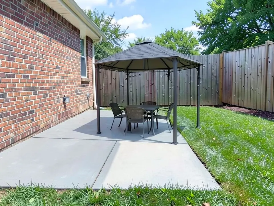 AI-edited version of the same image: a gazebo with four dark metal posts and a dark pointed roof stands on the patio with a small dark dining table and chairs under it
