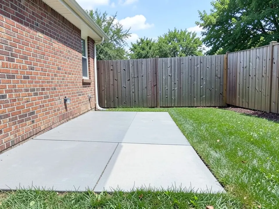 AI-generated example: a large plain grey concrete patio slab beside a lawn, with a red-brick house wall on the left and a tall wooden fence behind, and no furniture