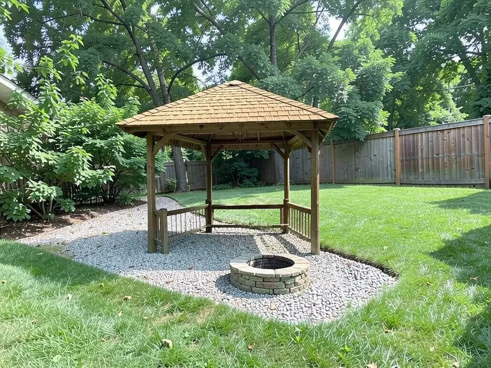 AI-edited version of the same image: a rustic timber gazebo with a cedar-coloured shingle roof and low rails stands at the back of the gravel, with a round stone fire pit on the gravel in front of it