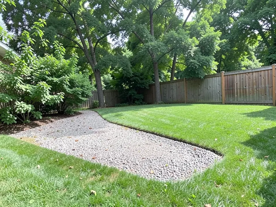 AI-generated example: a corner of a yard with a patch of pale gravel at the end of a green lawn, a leafy shrub on the left, tall trees and a wooden fence behind, and nothing built on the gravel
