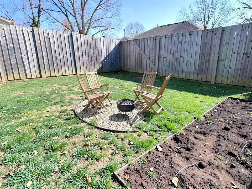 AI-edited version of the same image: a round patch of pale pea gravel with a black edge in the middle of the lawn, a small black steel fire bowl on legs in its centre and four folding wooden chairs around it, with the bare soil bed still at the lower right