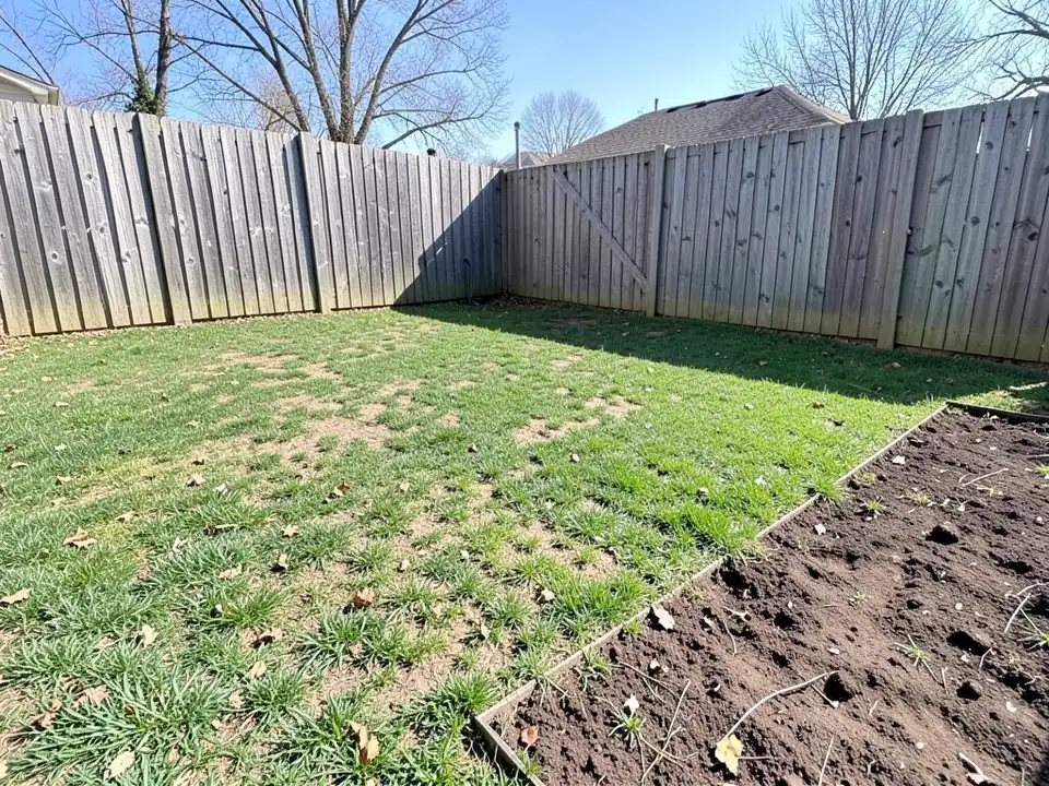 AI-generated example: a small backyard with a patchy lawn full of bare spots and dry leaves, tall weathered wooden fences on two sides, one section with a diagonal brace, a large bed of bare dark soil with a metal edge at the lower right, and leafless trees and a roof behind the fence