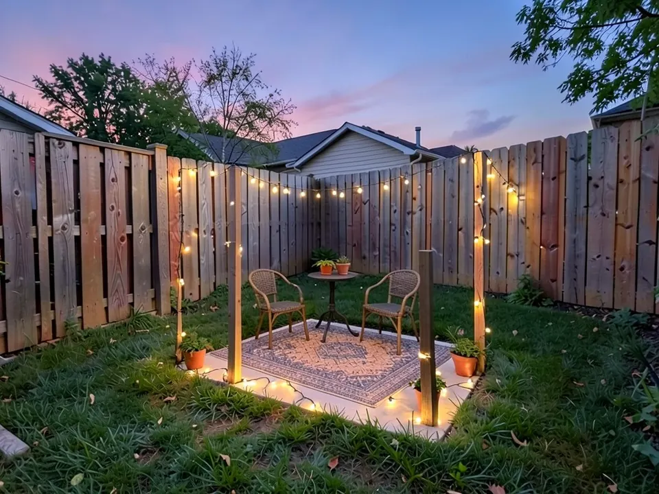 AI-edited version of the same image: four wooden posts at the corners of the slab, warm string lights running along the top of the fence and down the posts and along the front edge of the slab, a patterned rug, a small round metal table with two small plants on it, two wicker chairs, and terracotta pots on the slab
