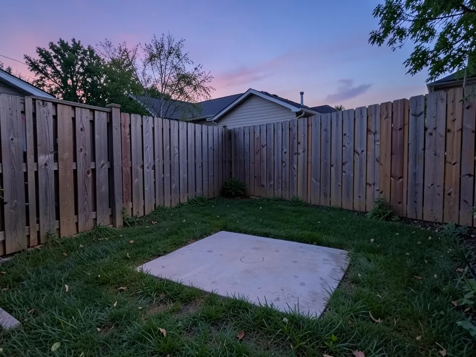 AI-generated example: a small backyard at dusk with a pink and blue sky, a plain square concrete slab in a short lawn, tall wooden fences on both sides and the back, and a neighbor's house and trees behind the fence