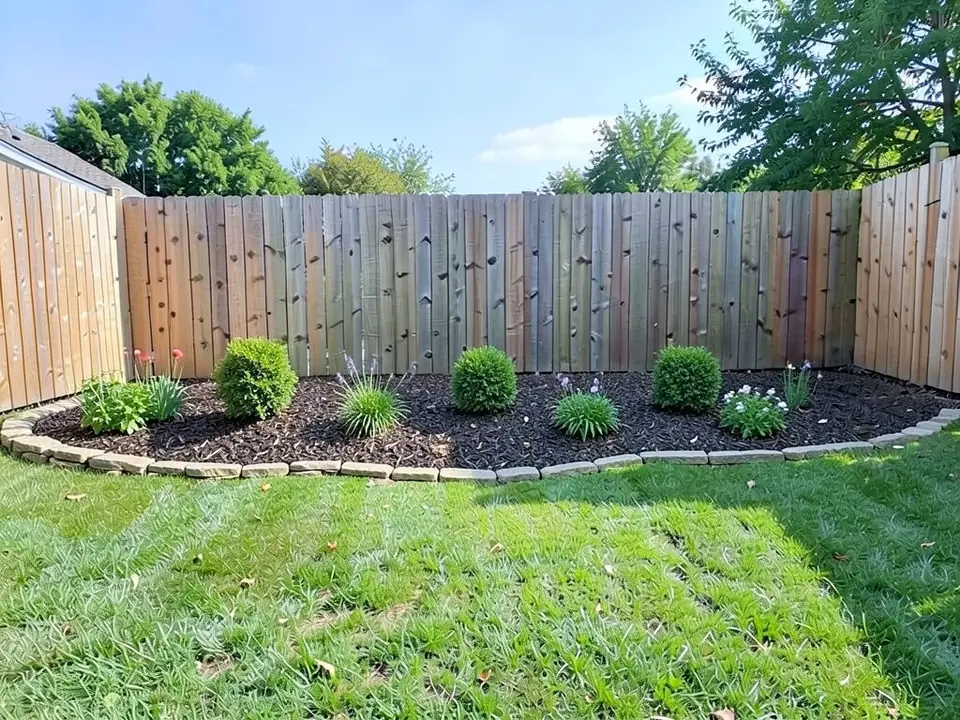 AI-edited version of the same image: a dark mulch bed along the back fence with a curved edge of flat pale stones, three round green shrubs, clumps of low plants with small purple, pink and white flowers, and the lawn in front