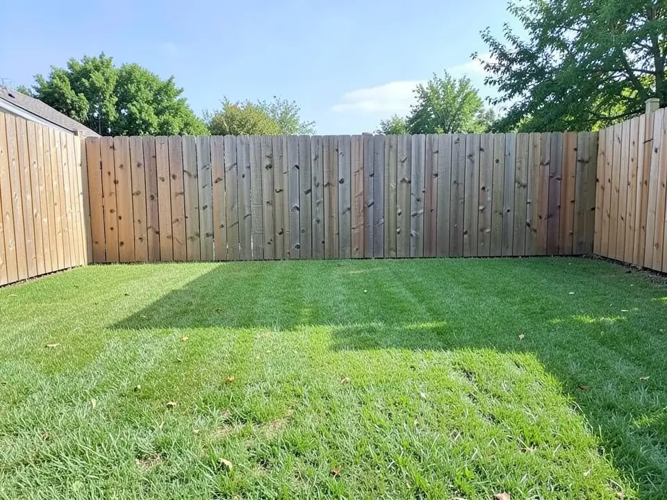 AI-generated example: a mown green lawn with a few fallen leaves running straight up to a tall wooden board fence on three sides, with nothing planted, a tree shadow across the lawn and trees behind the fence