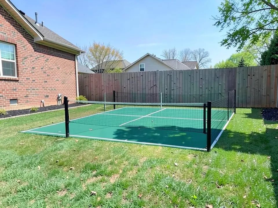 AI-edited version of the same image: a green pickleball court with white lines and a net sits in the middle of the lawn, with black posts and mesh at the right end